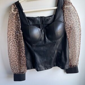 Black Faux Leather Top with Leopard Print Sleeves